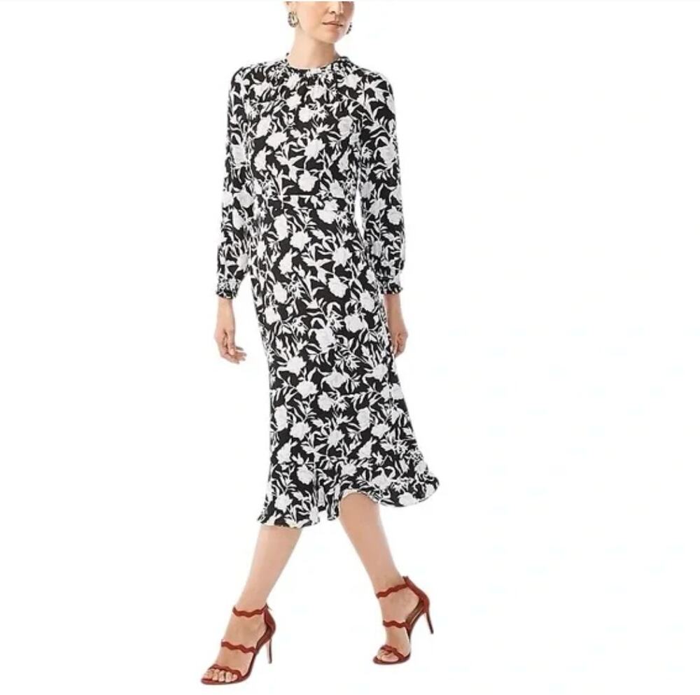 J. Crew Ruffle-neck Floral Midi Dress Black AD427 Size 2
